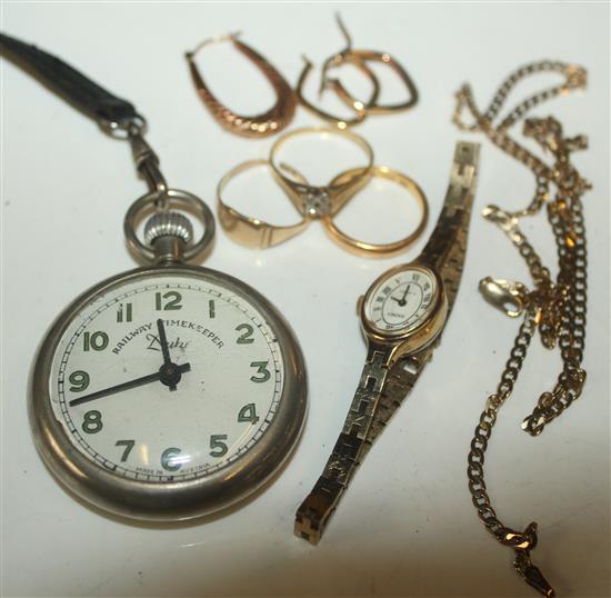 22ct gold wedding band, other gold rings etc & a Nickel pocket watch